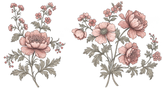 Floral Illustration Delicate Pink and Beige Flowers Transparent Background
