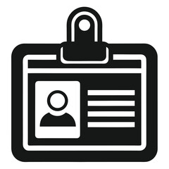 Simple black and white icon of an id badge with a clip attachment