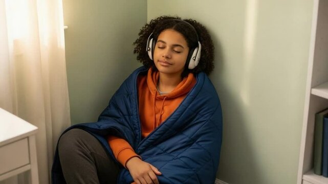 Teen in Corner with Noise-Canceling Headphones and Weighted Blanket &ndash; Self-Regulation and Calm