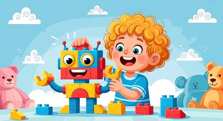 Happy Child Playing with Robot Toy and Building Blocks Fun Educational Illustration