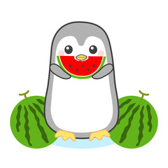 スイカを食べるかわいいペンギン
