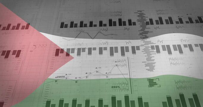 Opening frame showing flag filling scene, bars emerging, line graph tracing values visualizing data