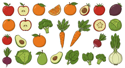Fresh Fruits Vegetables Illustration Apple Orange Carrot Broccoli Avocado