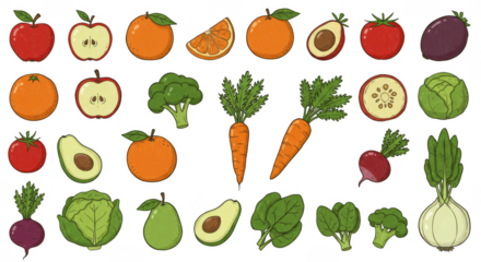 Fresh Fruits Vegetables Illustration Apple Orange Carrot Broccoli Avocado