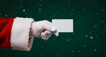 Santa claus hand holding blank card against snowy green background