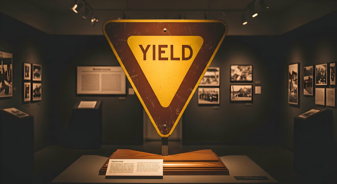 Retro Exhibit Featuring Vintage Yellow Yield Sign Amidst Historical Artifacts