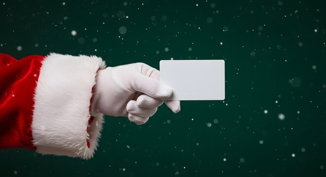 Santa claus hand holding blank card against snowy green background