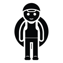 Black and white icon of a person with a backpack suitable for travel and outdoor themes