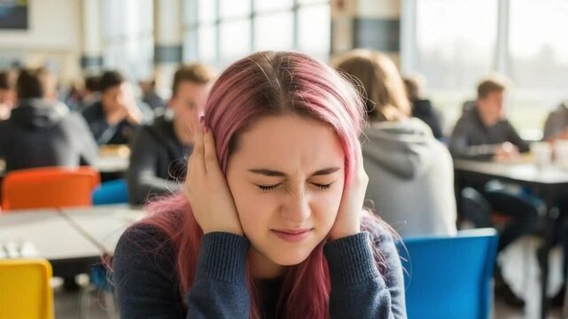 Teen Covering Ears in Noisy Cafeteria &ndash; Navigating Sensory Overload in Public Space
