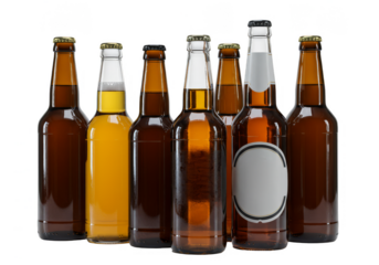 Group of Beer Bottles with Brown Color Liquid Isolated Transparent
