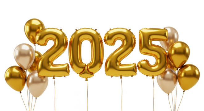 Golden 2025 Balloons Year Celebration Decoration with Transparent Background