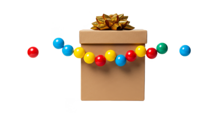 Golden Bowed Present Box with String of Colorful Festive Beads PNG
