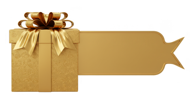 Golden Gift Box with Bow Ribbon and Shiny Label Transparent