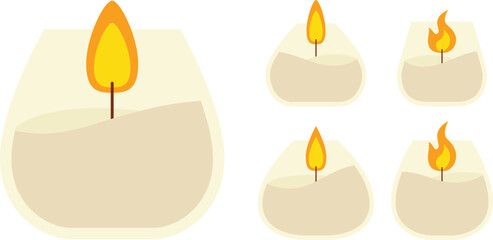 Vector Set of Glass Jar Candles with Yellow and Orange Flames – Flat Minimal Icons for Cozy Home or Spa Decor