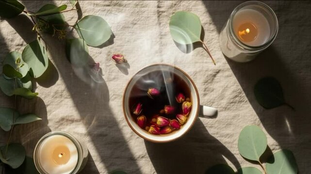Steaming Rose Buds Tea on Neutral Linen with Candles in Feminine Minimal Flat Lay Style