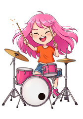 Fototapeta premium Illustration of a Pink Haired Girl Drummer Plays Music with Joy