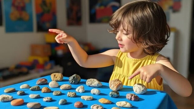 Child Proudly Sharing Rock Collection &ndash; Focused Joy and Expressive Detail