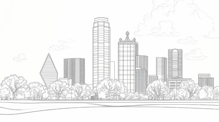 Architectural sketch of a city skyline with trees.