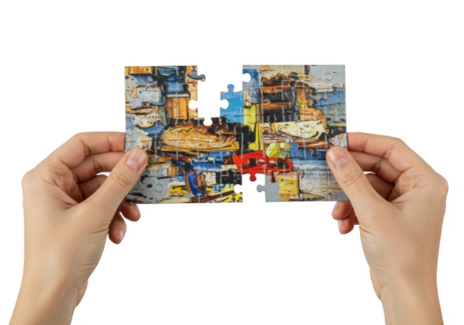 Hand Holds Jigsaw Puzzle Illustration Together on Transparent BG