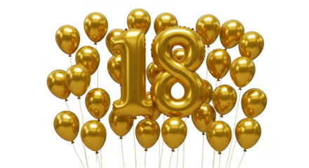 Golden 3D Balloons Number 18 Anniversary Birthday Transparent Background