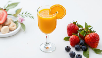 Fresh orange juice served glass garnished with slice of orange, accompanied by strawberries, blueberries, and plate of assorted fruits. This vibrant drink evokes refreshing and cheerful atmosphere
