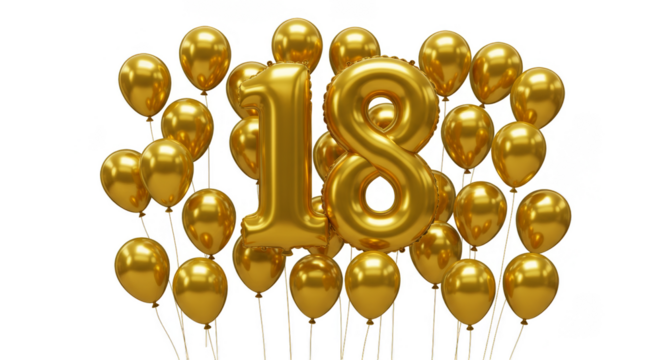 Golden 3D Balloons Number 18 Anniversary Birthday Transparent Background