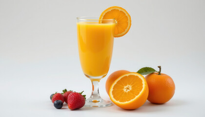 Fresh orange juice served in tall glass, garnished with slice of orange, accompanied by whole and halved oranges, and mix of strawberries and blueberries, creating vibrant and refreshing scene