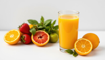 Freshly squeezed orange juice served in glass, surrounded by vibrant fruits including oranges, strawberries, and green apples, creating refreshing and healthy scene