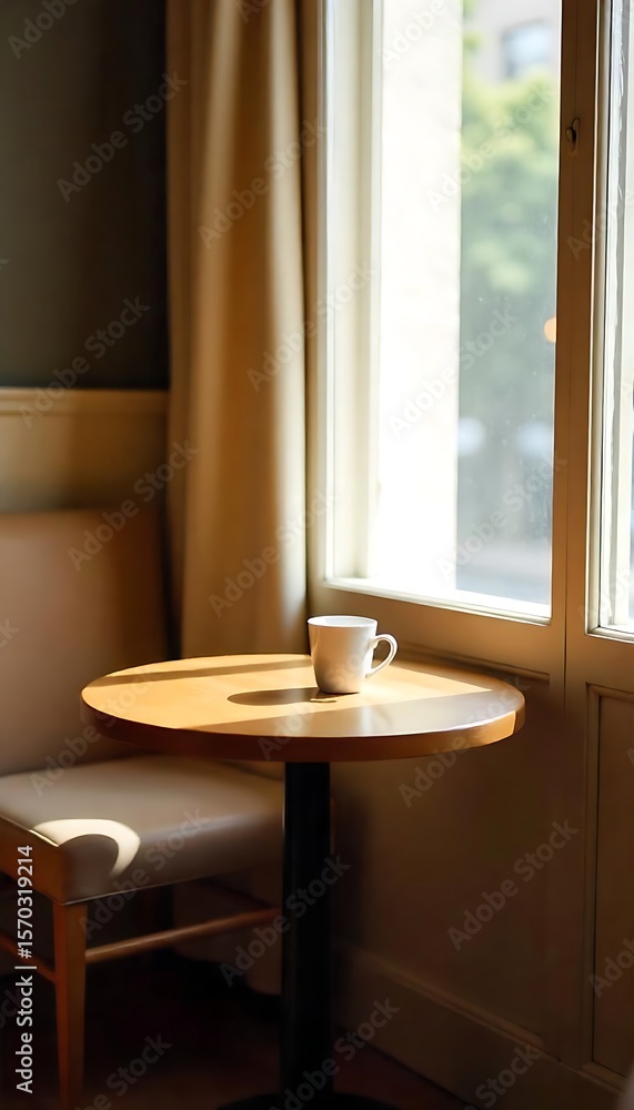 Poster generative ai sunlit table with coffee cup by window