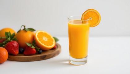 Freshly squeezed orange juice served in tall glass, garnished with slice of orange. Surrounding drink are vibrant oranges, strawberries, and blueberries, creating refreshing and colorful display