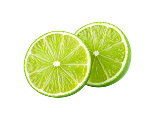 Two vibrant green lime slices with juicy pulp and textured rind detail.