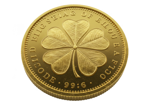 Golden Coin with Clover Symbol Good Luck Charm Finance Treasure PNG - Powered by Adobe