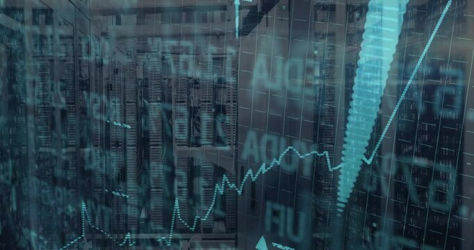 At start server racks remaining constant while chart pulsing upward marking data surge with arrows