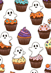 Halloween Ghost Cupcakes Seamless Pattern Sweet Desserts Cartoon Illustration