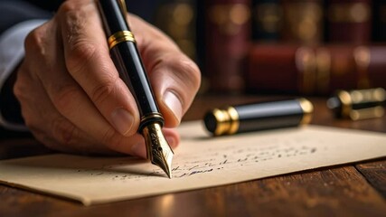 Crafting Words: A Close-Up of a Hand Writing with a Fountain Pen on Paper