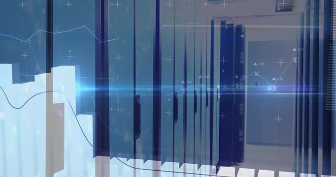 Bars rising from bottom starting line graph tracing curve, showing data values, lens flare sweeping