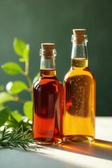 Amber glass bottles, vibrant herb infusions, minimalist backdrop, color, bright
