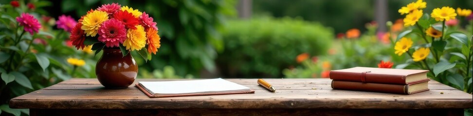 Antique wooden writing desk, vibrant floral arrangement, garden setting , bloom, vintage, floral design