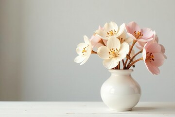 Delicate dried blooms, creamy whites & blush tones, in simple white vase on light wood , picture, beauty