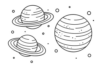 Fototapeta premium Planets with Rings and Moons in Space Galaxy Celestial Bodies Drawing