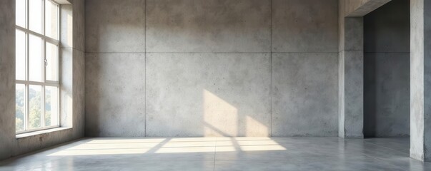 Raw concrete interior, large blank wall, unfurnished , interior design, studio, grey
