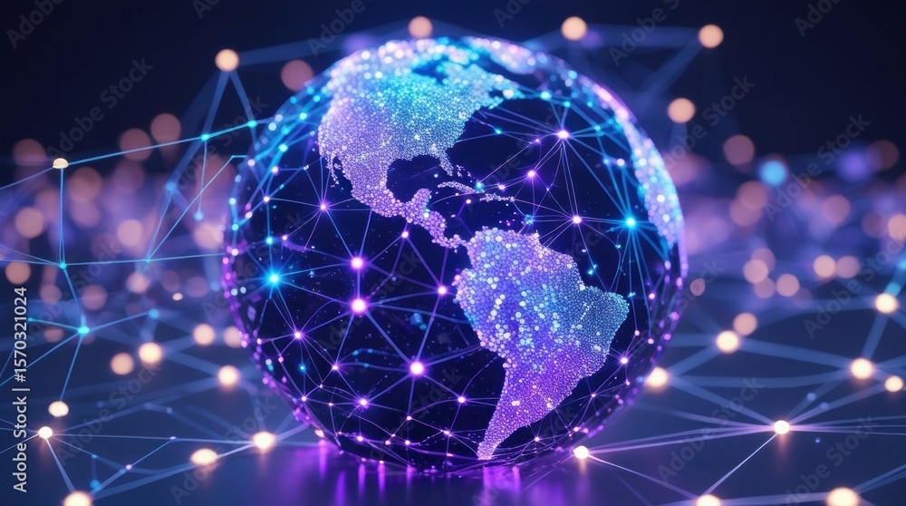 Poster global connectivity: a luminous digital globe, interwoven with a network of glowing nodes and interc