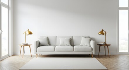 Minimalist Living Room Interior with White Sofa and Golden Lamps