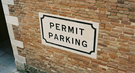 Naklejka premium Permit Parking Sign Mounted on an Old Brick Wall, Urban Scenery Photography