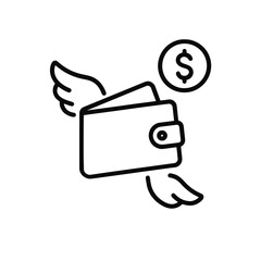 Flying wallet graphic, a minimalist icon representing money loss, suitable for finance and economy-related projects, depicting expenses.