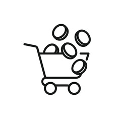Shopping cart with coins overflows in a minimalist line art style, perfect for e-commerce designs and financial themed visuals.