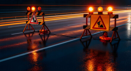 Fototapeta premium Roadwork Ahead Safety Caution During Highway Night Construction With Light Trails