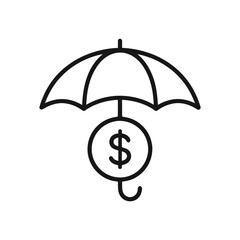 An umbrella protects a coin in this minimalist line graphic ideal for financial services or investment related projects, ensuring security.