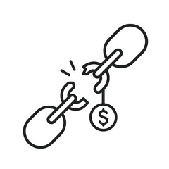 Freedom from debt is illustrated by a broken chain with a dollar coin hanging in this finance symbol.