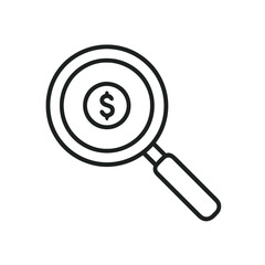 Magnifying glass focusing on a dollar coin, financial investigation or investment analysis represented with clean lines for modern designs.